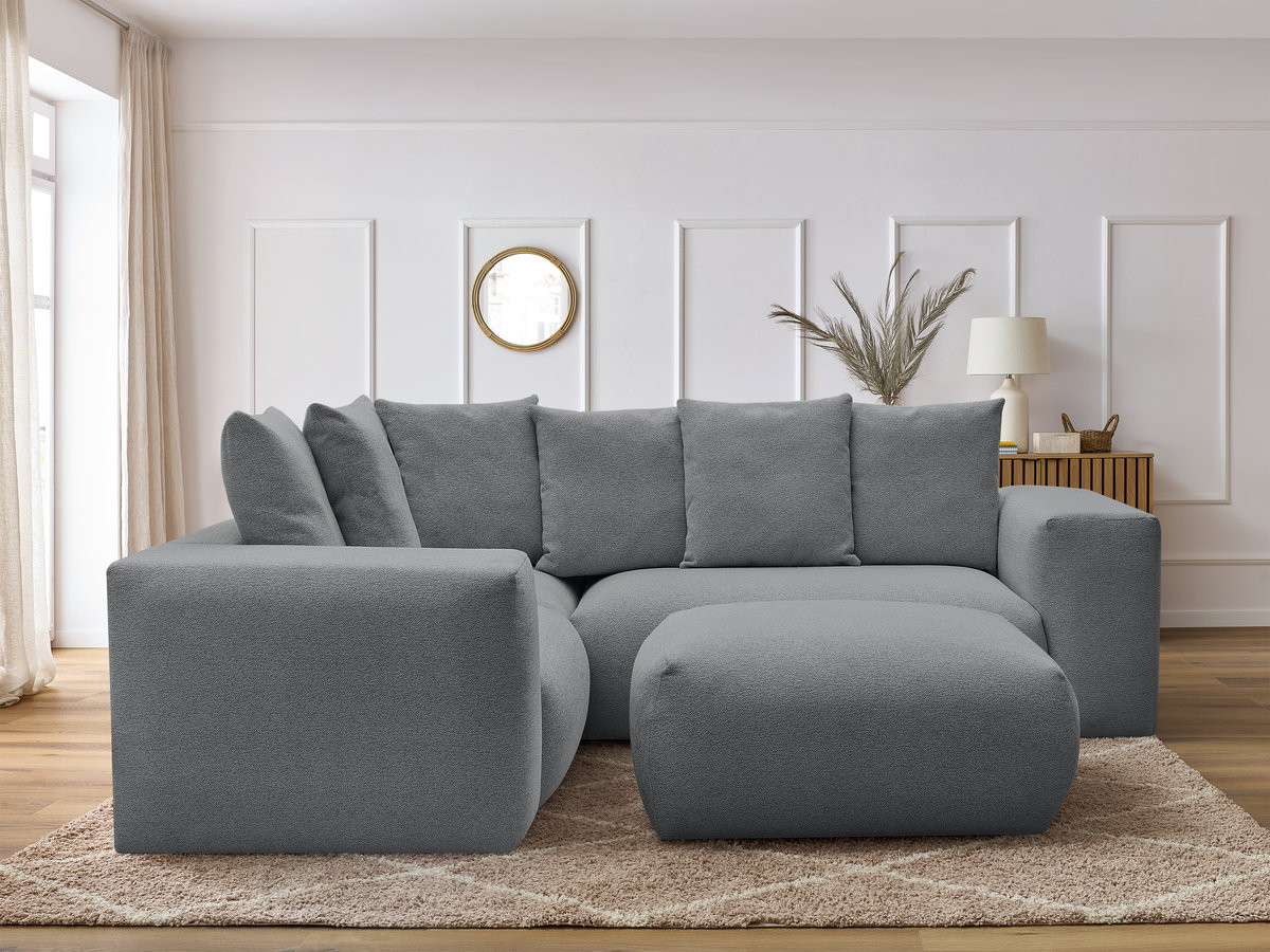 VOLTAIRE modulaire vaste hoekbank met 1 2-zits fauteuil, 1 hoek- en 1 1-zits fauteuil in gemêleerde stof met poef