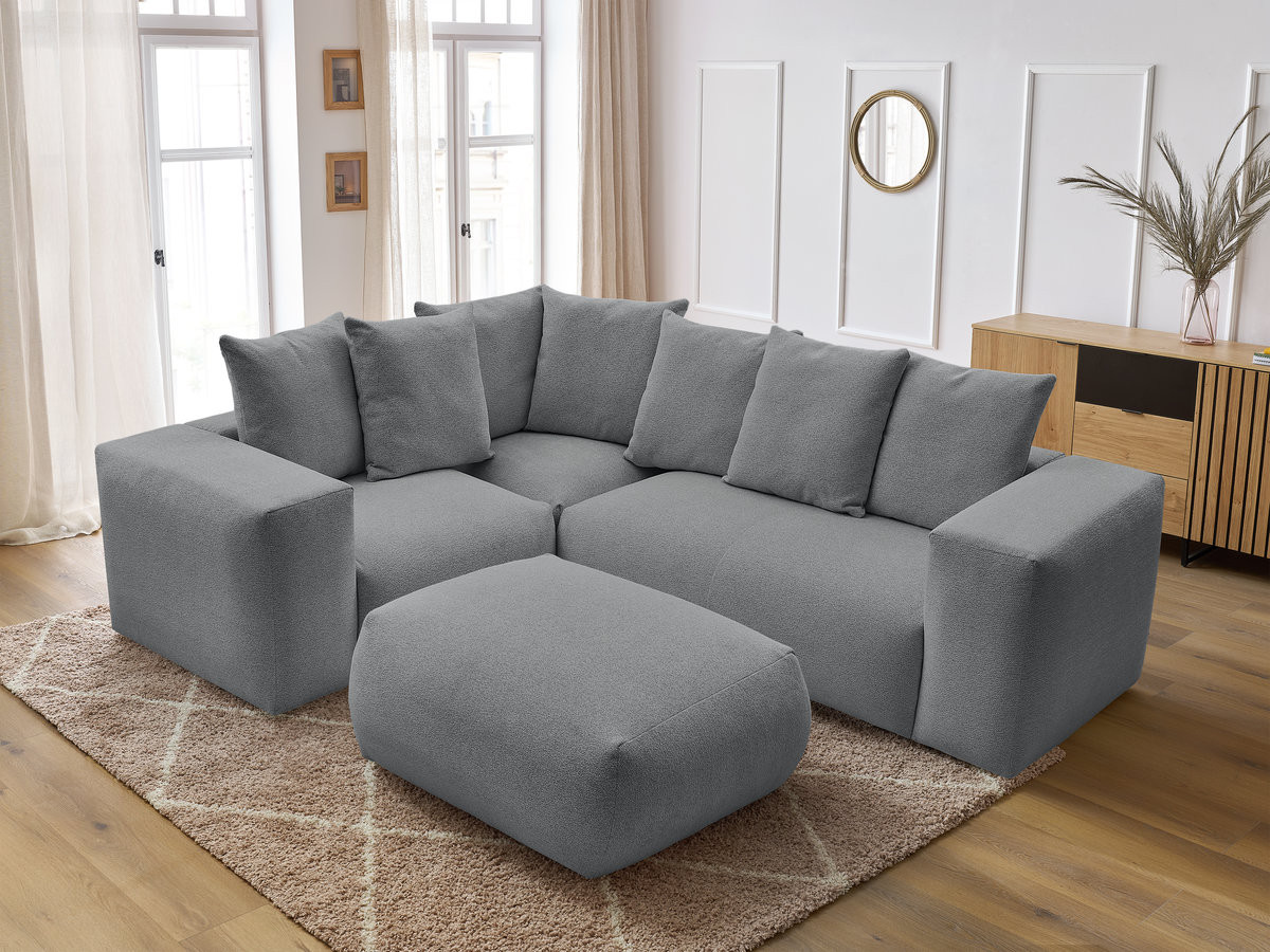 VOLTAIRE modulaire vaste hoekbank met 1 2-zits fauteuil, 1 hoek- en 1 1-zits fauteuil in gemêleerde stof met poef