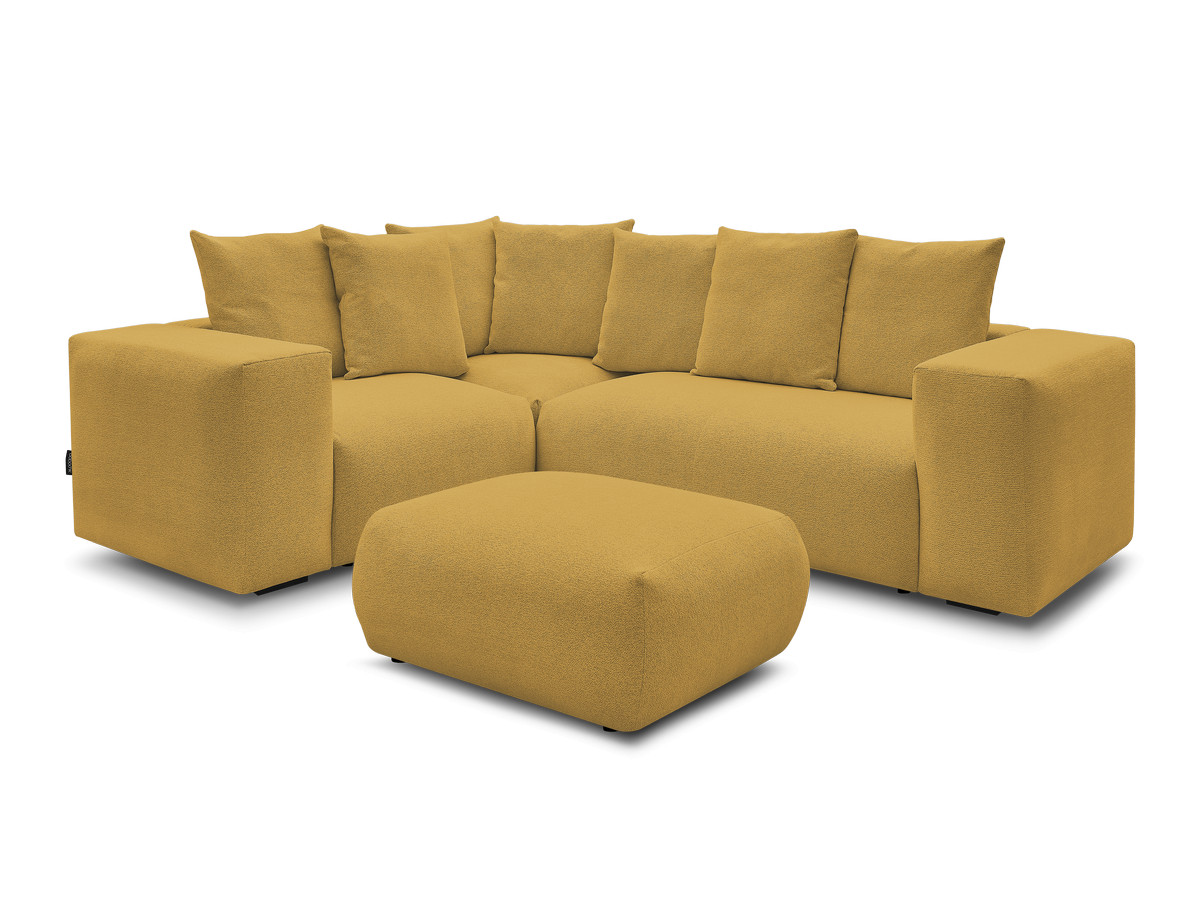 voltaire modulaire vaste hoekbank met 1 2-zits fauteuil, 1 hoek- en 1 1-zits fauteuil in gemêleerde stof met poef gekleurd geel