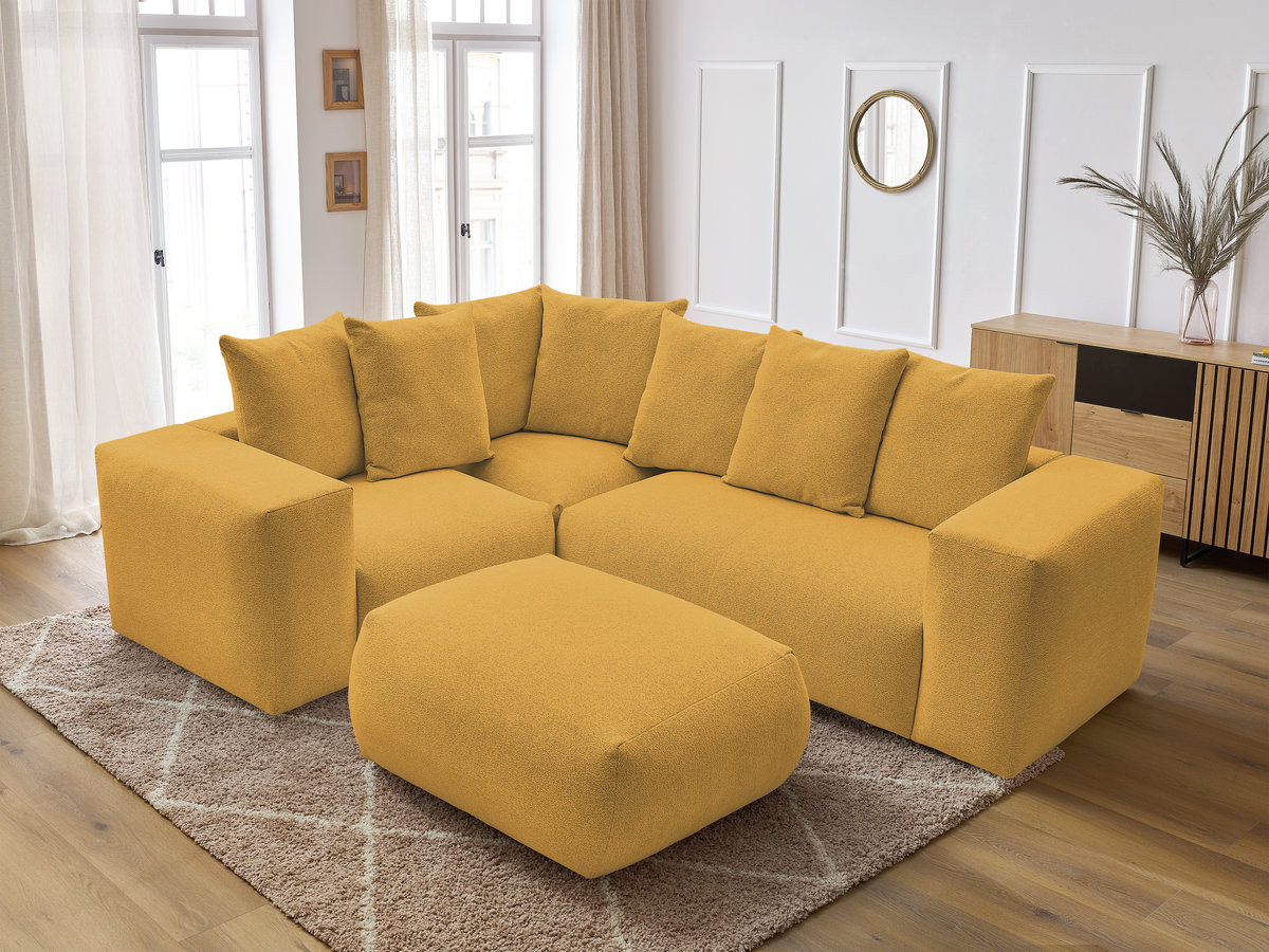 VOLTAIRE modulaire vaste hoekbank met 1 2-zits fauteuil, 1 hoek- en 1 1-zits fauteuil in gemêleerde stof met poef