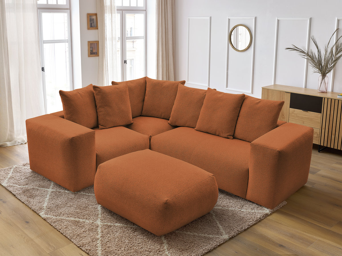 VOLTAIRE modulaire vaste hoekbank met 1 2-zits fauteuil, 1 hoek- en 1 1-zits fauteuil in gemêleerde stof met poef