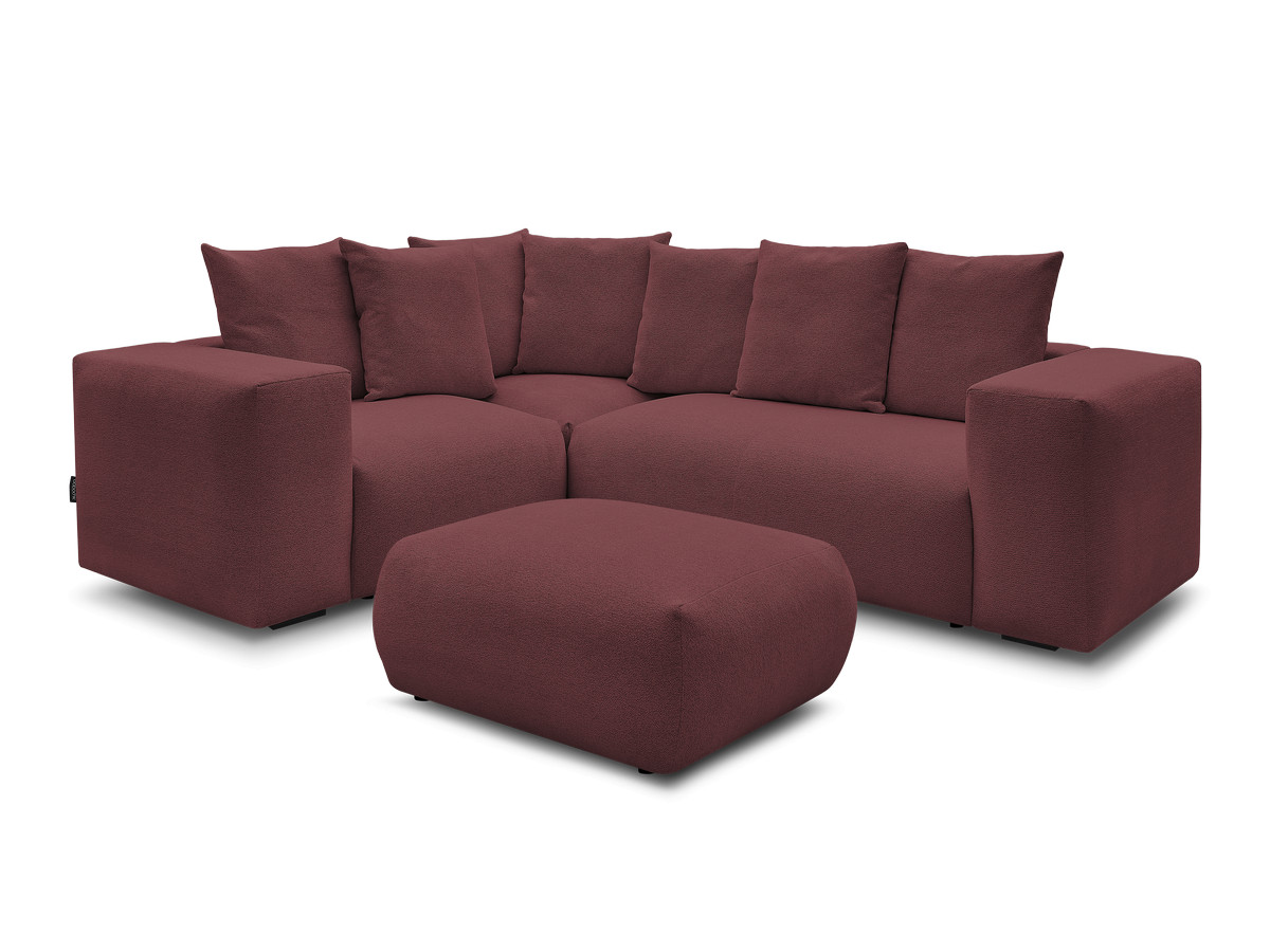 voltaire modulaire vaste hoekbank met 1 2-zits fauteuil, 1 hoek- en 1 1-zits fauteuil in gemêleerde stof met poef gekleurd rood