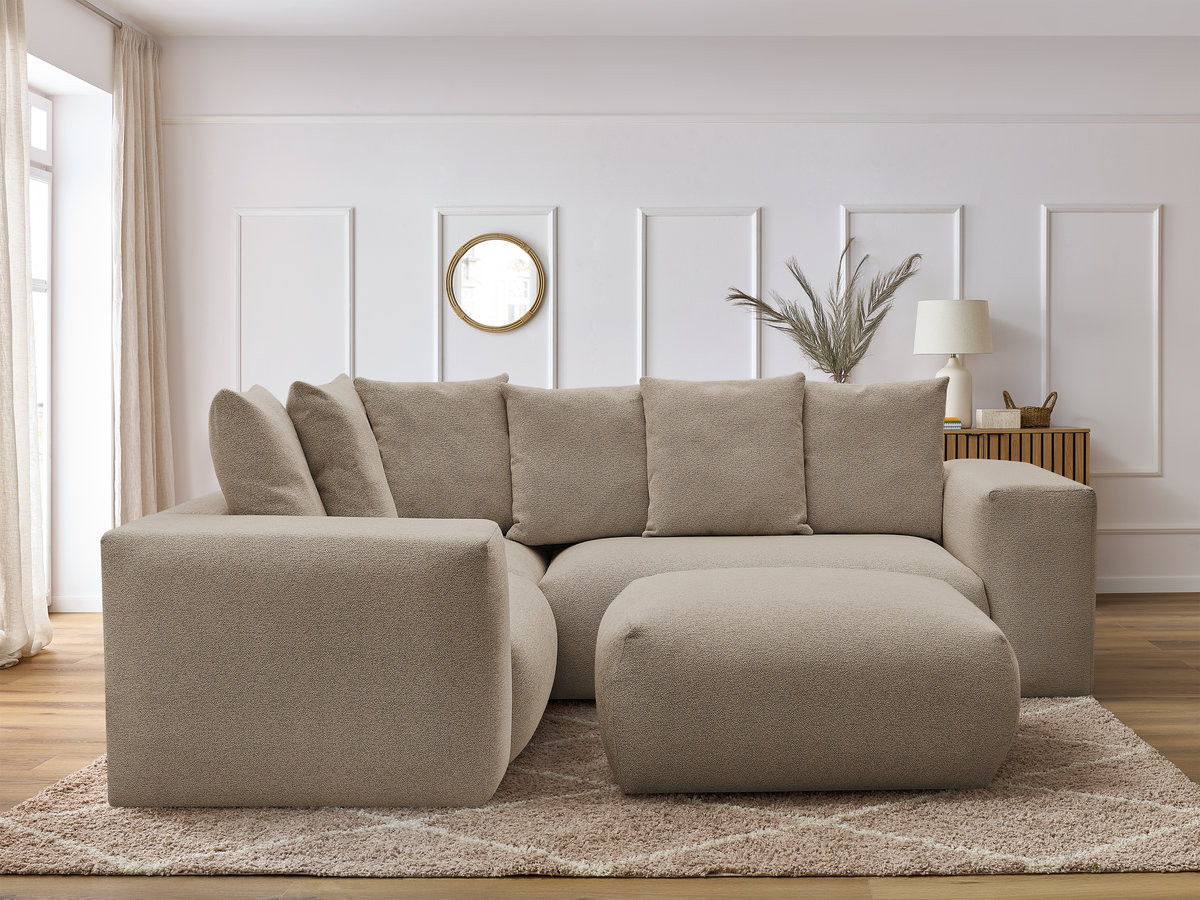 VOLTAIRE modulaire vaste hoekbank met 1 2-zits fauteuil, 1 hoek- en 1 1-zits fauteuil in gemêleerde stof met poef