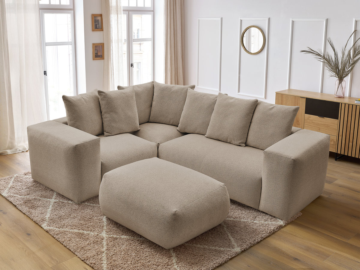 VOLTAIRE modulaire vaste hoekbank met 1 2-zits fauteuil, 1 hoek- en 1 1-zits fauteuil in gemêleerde stof met poef