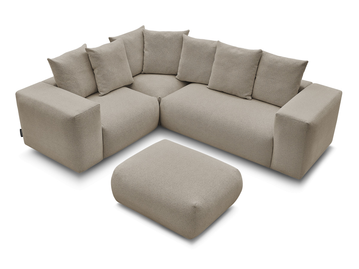 Canapé d'angle fixe modulable VOLTAIRE avec 1 chauffeuse 2 places, 1 angle et 1 chauffeuse 1 place tissu chiné avec pouf
