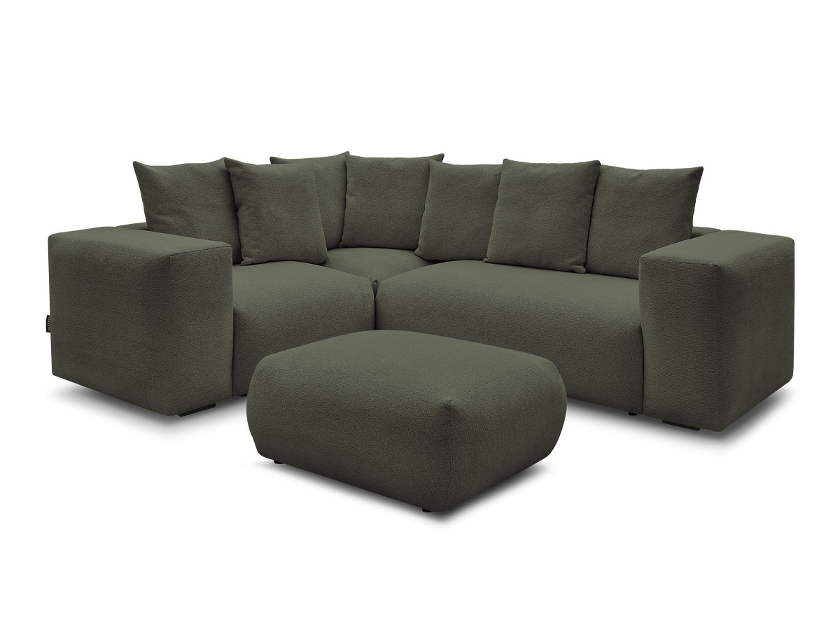 voltaire modulaire vaste hoekbank met 1 2-zits fauteuil, 1 hoek- en 1 1-zits fauteuil in gemêleerde stof met poef gekleurd groente
