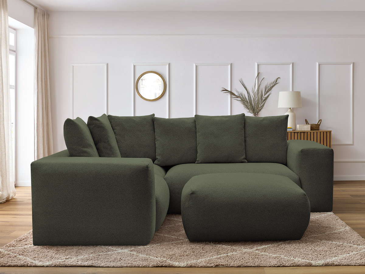 VOLTAIRE modulaire vaste hoekbank met 1 2-zits fauteuil, 1 hoek- en 1 1-zits fauteuil in gemêleerde stof met poef