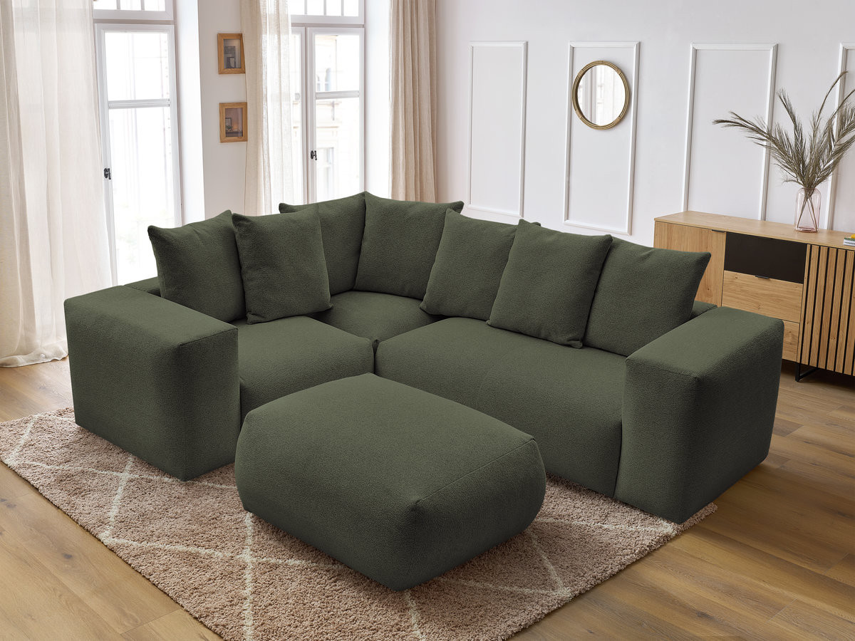 VOLTAIRE modulaire vaste hoekbank met 1 2-zits fauteuil, 1 hoek- en 1 1-zits fauteuil in gemêleerde stof met poef