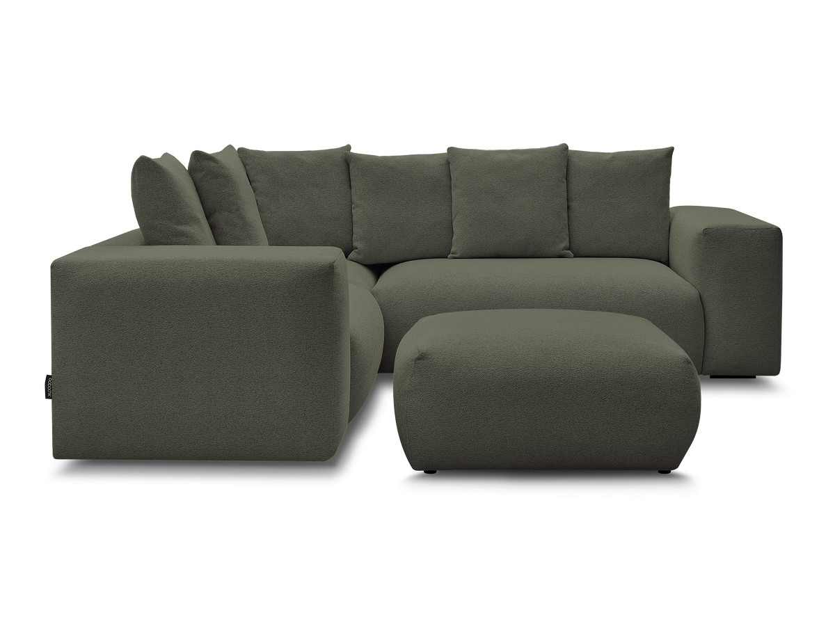 Canapé d'angle fixe modulable VOLTAIRE avec 1 chauffeuse 2 places, 1 angle et 1 chauffeuse 1 place tissu chiné avec pouf