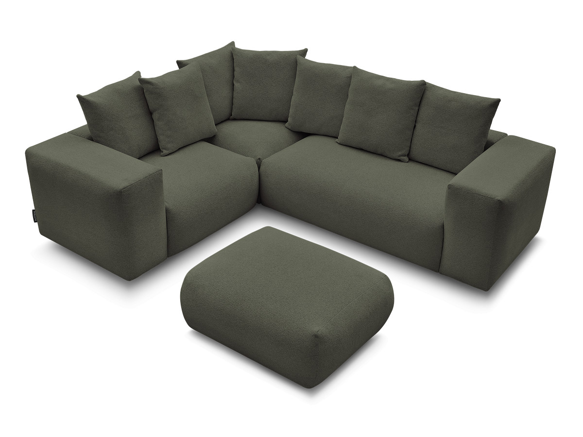 VOLTAIRE modulaire vaste hoekbank met 1 2-zits fauteuil, 1 hoek- en 1 1-zits fauteuil in gemêleerde stof met poef