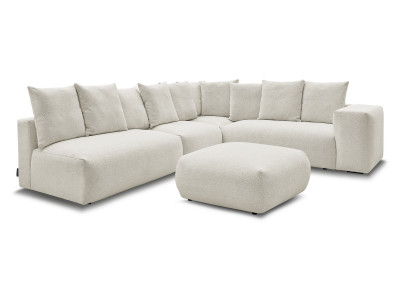 Canapé d'angle fixe modulable VOLTAIRE avec 2 chauffeuses 2 places, 1 angle et 1 chauffeuse 1 place tissu chiné avec pouf