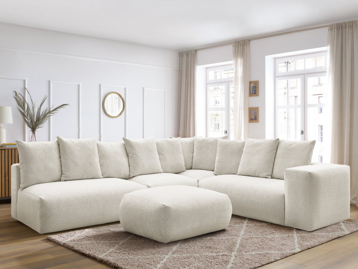 Canapé d'angle fixe modulable VOLTAIRE avec 2 chauffeuses 2 places, 1 angle et 1 chauffeuse 1 place tissu chiné avec pouf