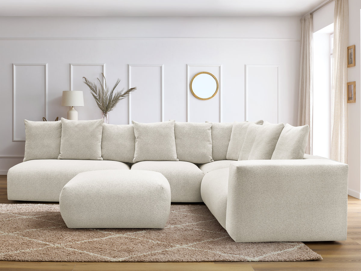 VOLTAIRE modulaire vaste hoekbank met 2 tweezitsfauteuils, 1 hoek- en 1 enkele fauteuil in gemêleerde stof met voetenbank