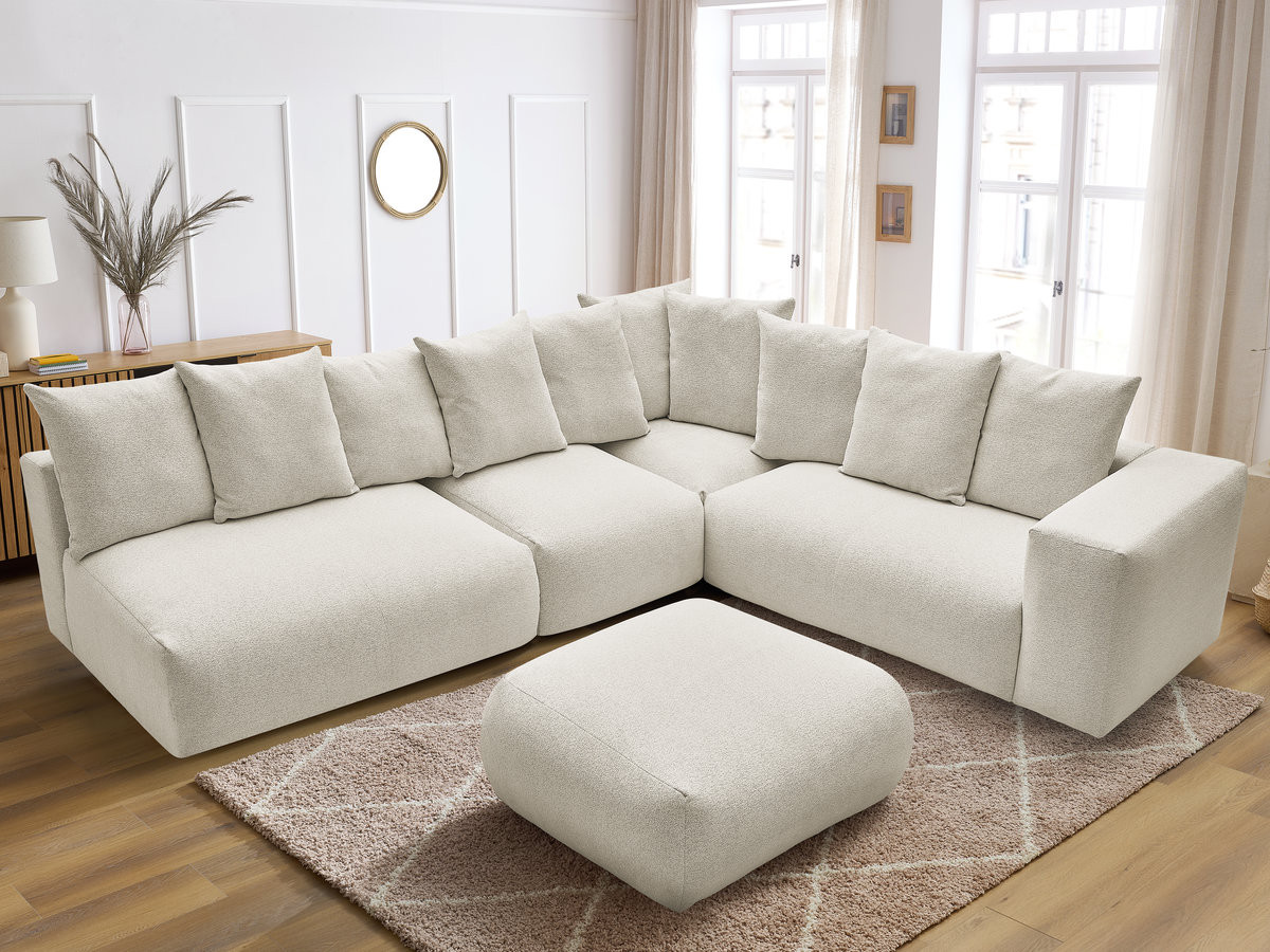 VOLTAIRE modulaire vaste hoekbank met 2 tweezitsfauteuils, 1 hoek- en 1 enkele fauteuil in gemêleerde stof met voetenbank