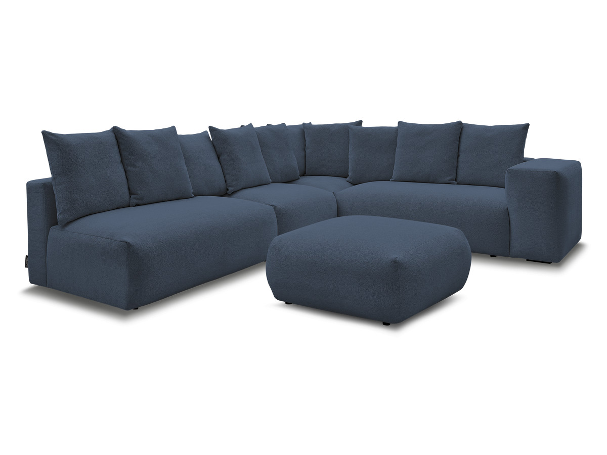 voltaire modulaire vaste hoekbank met 2 tweezitsfauteuils, 1 hoek- en 1 enkele fauteuil in gemêleerde stof met voetenbank gekleurd donkerblauw