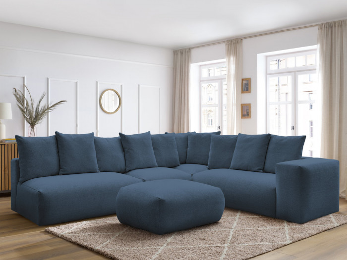 Canapé d'angle fixe modulable VOLTAIRE avec 2 chauffeuses 2 places, 1 angle et 1 chauffeuse 1 place tissu chiné avec pouf
