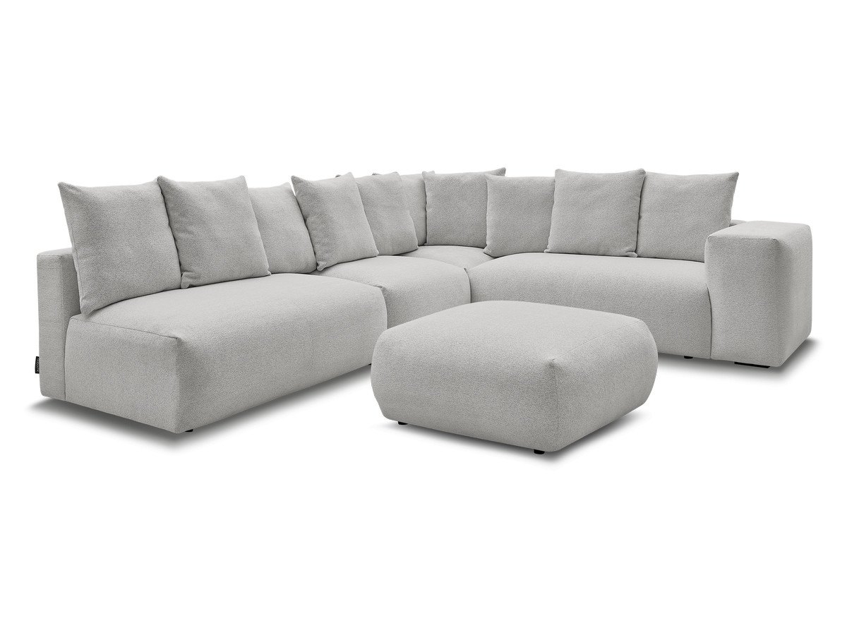 voltaire modulaire vaste hoekbank met 2 tweezitsfauteuils, 1 hoek- en 1 enkele fauteuil in gemêleerde stof met voetenbank gekleurd lichtgrijs