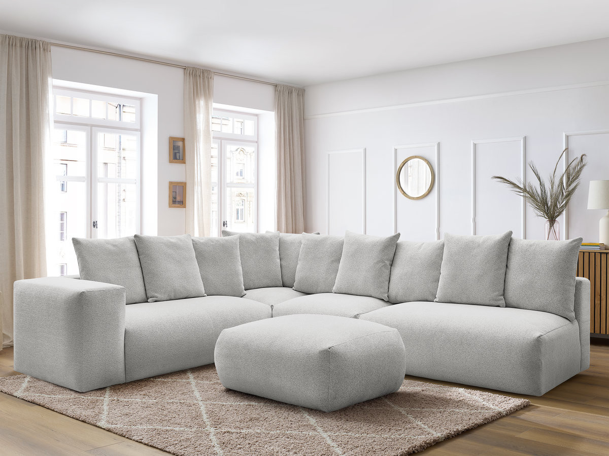 VOLTAIRE modulaire vaste hoekbank met 2 tweezitsfauteuils, 1 hoek- en 1 enkele fauteuil in gemêleerde stof met voetenbank
