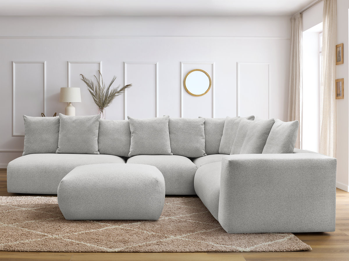 VOLTAIRE modulaire vaste hoekbank met 2 tweezitsfauteuils, 1 hoek- en 1 enkele fauteuil in gemêleerde stof met voetenbank