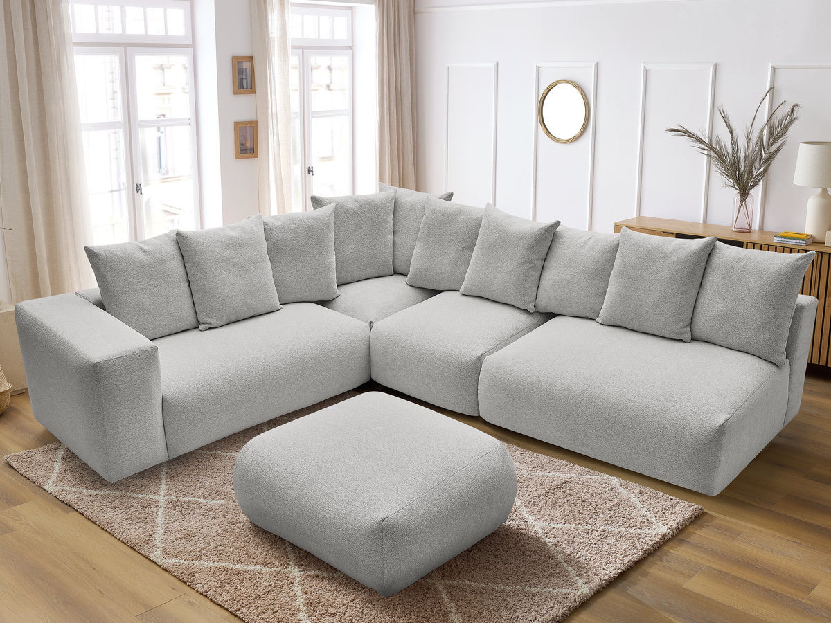 VOLTAIRE modulaire vaste hoekbank met 2 tweezitsfauteuils, 1 hoek- en 1 enkele fauteuil in gemêleerde stof met voetenbank