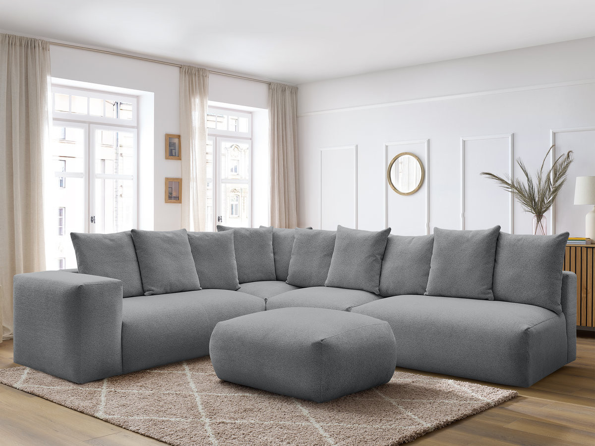 VOLTAIRE modulaire vaste hoekbank met 2 tweezitsfauteuils, 1 hoek- en 1 enkele fauteuil in gemêleerde stof met voetenbank