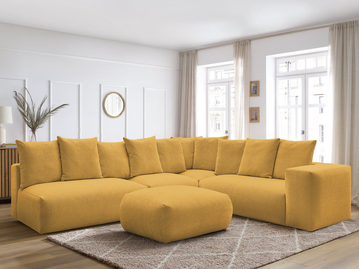 VOLTAIRE modulaire vaste hoekbank met 2 tweezitsfauteuils, 1 hoek- en 1 enkele fauteuil in gemêleerde stof met voetenbank