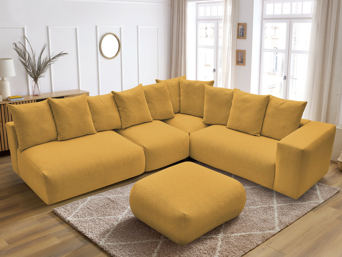 VOLTAIRE modulaire vaste hoekbank met 2 tweezitsfauteuils, 1 hoek- en 1 enkele fauteuil in gemêleerde stof met voetenbank