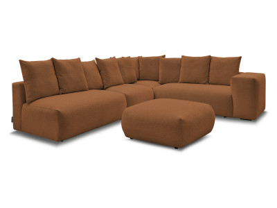 Canapé d'angle fixe modulable VOLTAIRE avec 2 chauffeuses 2 places, 1 angle et 1 chauffeuse 1 place tissu chiné avec pouf