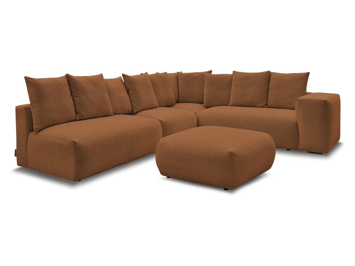 voltaire modulaire vaste hoekbank met 2 tweezitsfauteuils, 1 hoek- en 1 enkele fauteuil in gemêleerde stof met voetenbank gekleurd oranje