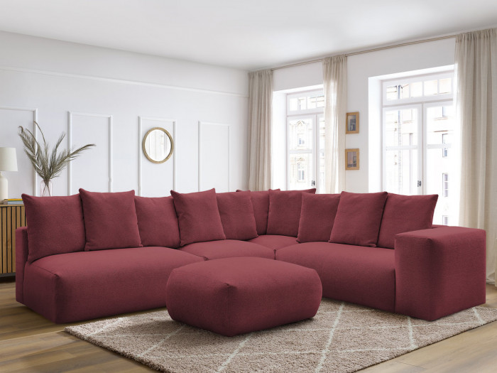 Canapé d'angle fixe modulable VOLTAIRE avec 2 chauffeuses 2 places, 1 angle et 1 chauffeuse 1 place tissu chiné avec pouf