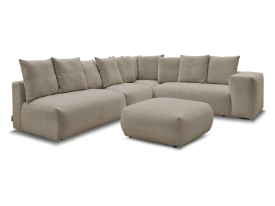 Canapé d'angle fixe modulable VOLTAIRE avec 2 chauffeuses 2 places, 1 angle et 1 chauffeuse 1 place tissu chiné avec pouf