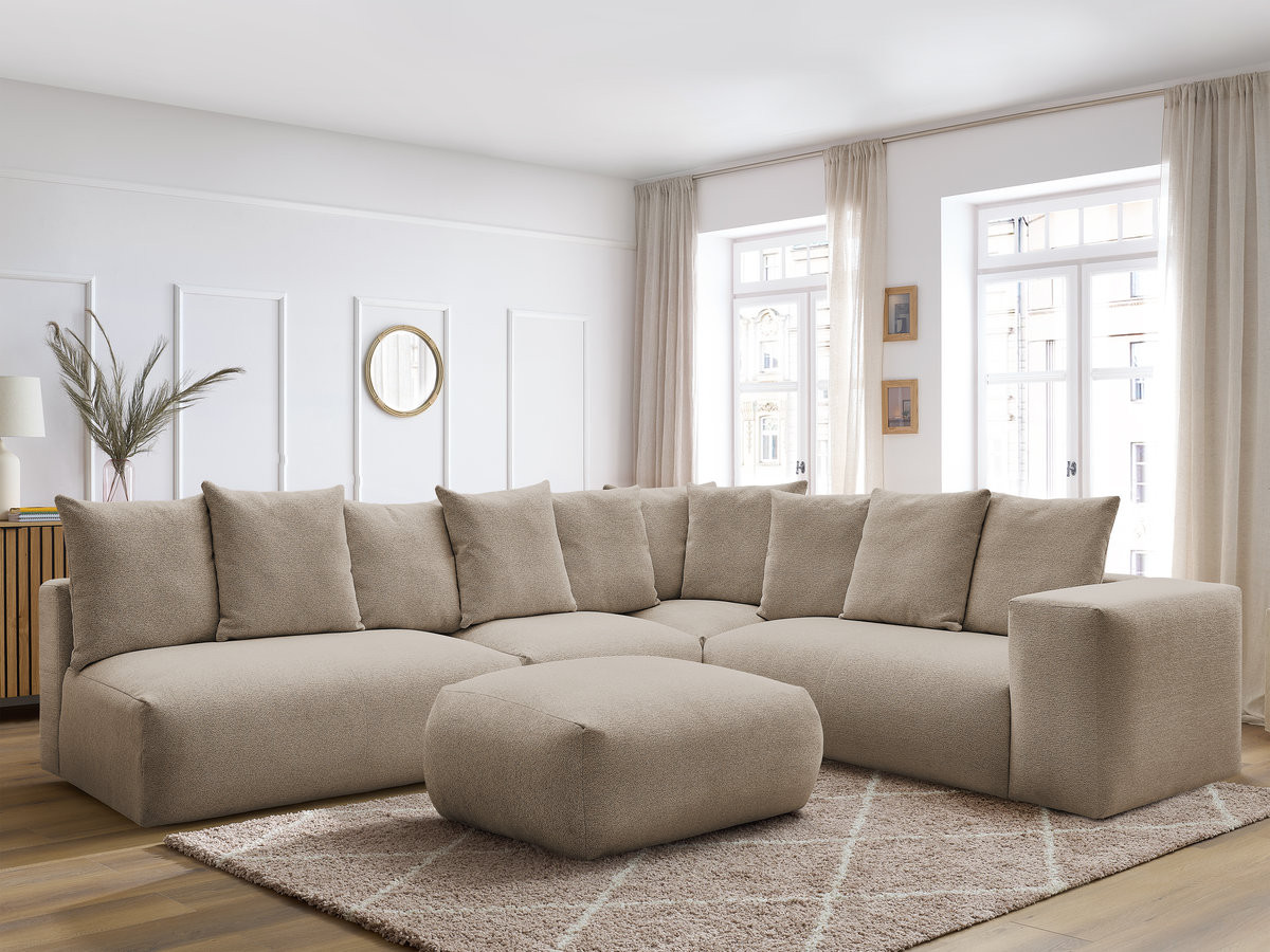 VOLTAIRE modulaire vaste hoekbank met 2 tweezitsfauteuils, 1 hoek- en 1 enkele fauteuil in gemêleerde stof met voetenbank
