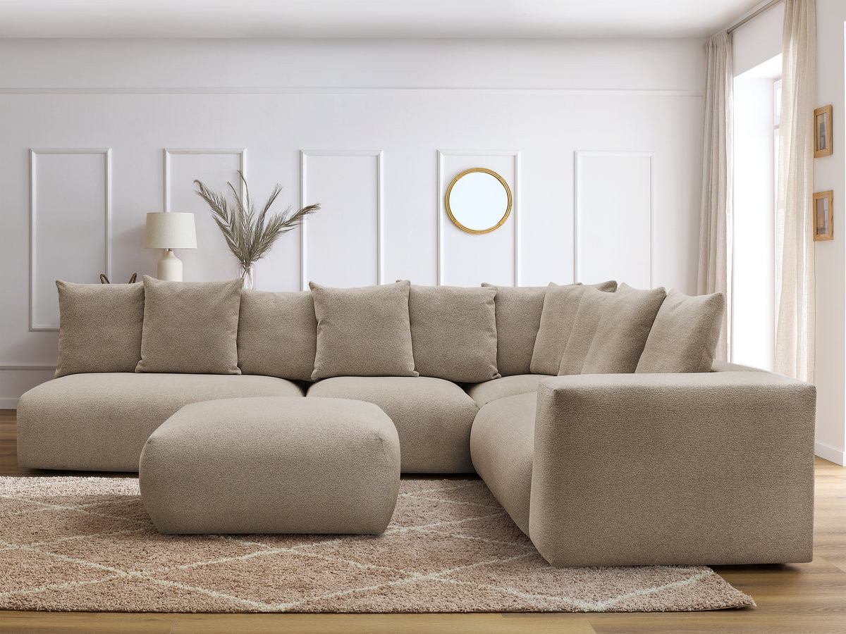 VOLTAIRE modulaire vaste hoekbank met 2 tweezitsfauteuils, 1 hoek- en 1 enkele fauteuil in gemêleerde stof met voetenbank