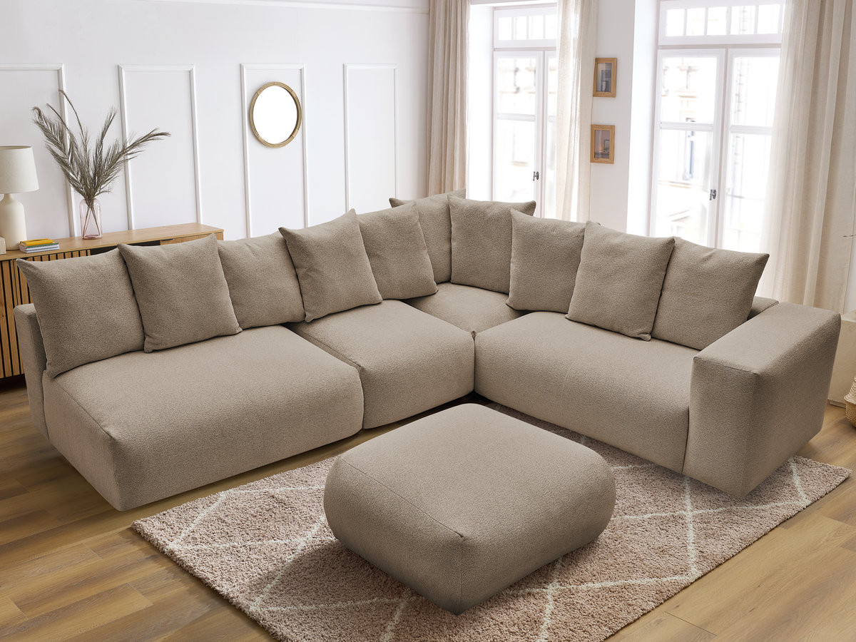 VOLTAIRE modulaire vaste hoekbank met 2 tweezitsfauteuils, 1 hoek- en 1 enkele fauteuil in gemêleerde stof met voetenbank