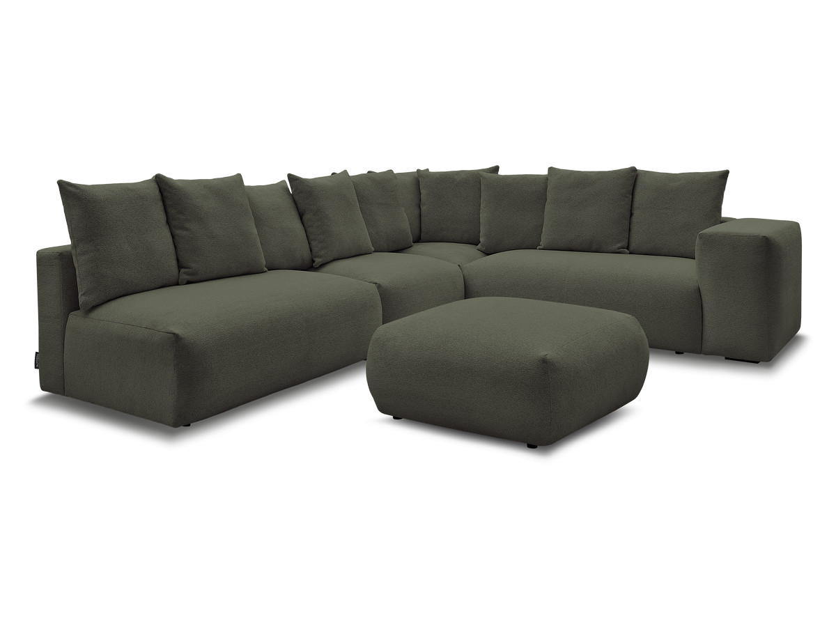 voltaire modulaire vaste hoekbank met 2 tweezitsfauteuils, 1 hoek- en 1 enkele fauteuil in gemêleerde stof met voetenbank gekleurd groente