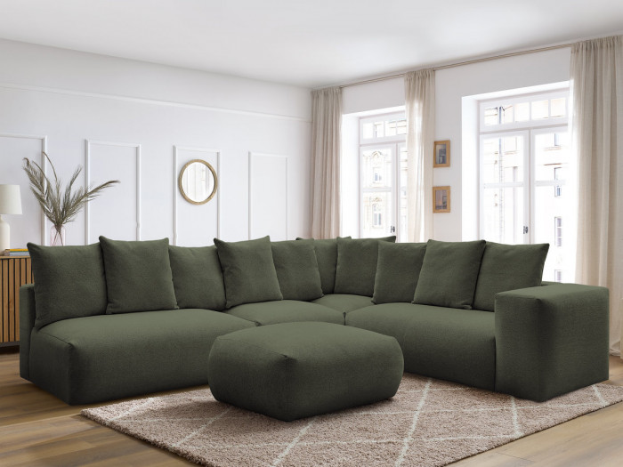 Canapé d'angle fixe modulable VOLTAIRE avec 2 chauffeuses 2 places, 1 angle et 1 chauffeuse 1 place tissu chiné avec pouf