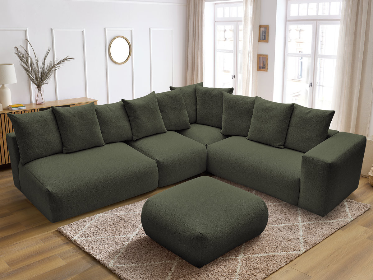 VOLTAIRE modulaire vaste hoekbank met 2 tweezitsfauteuils, 1 hoek- en 1 enkele fauteuil in gemêleerde stof met voetenbank