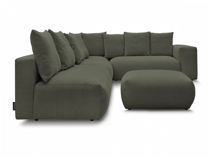 Canapé d'angle fixe modulable VOLTAIRE avec 2 chauffeuses 2 places, 1 angle et 1 chauffeuse 1 place tissu chiné avec pouf