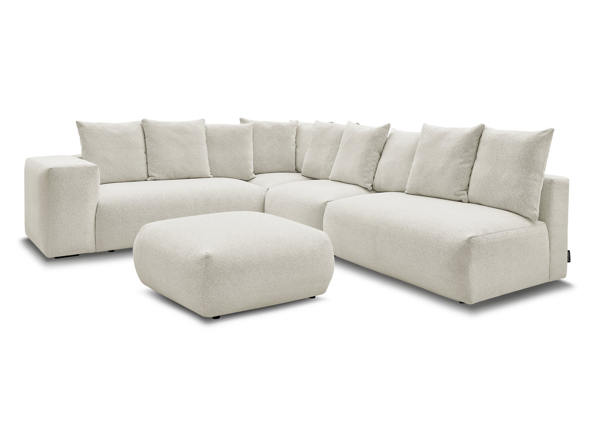 voltaire modulaire vaste hoekbank met 2 tweezitsfauteuils, 1 hoek- en 1 enkele fauteuil in gemêleerde stof met voetenbank gekleurd wit