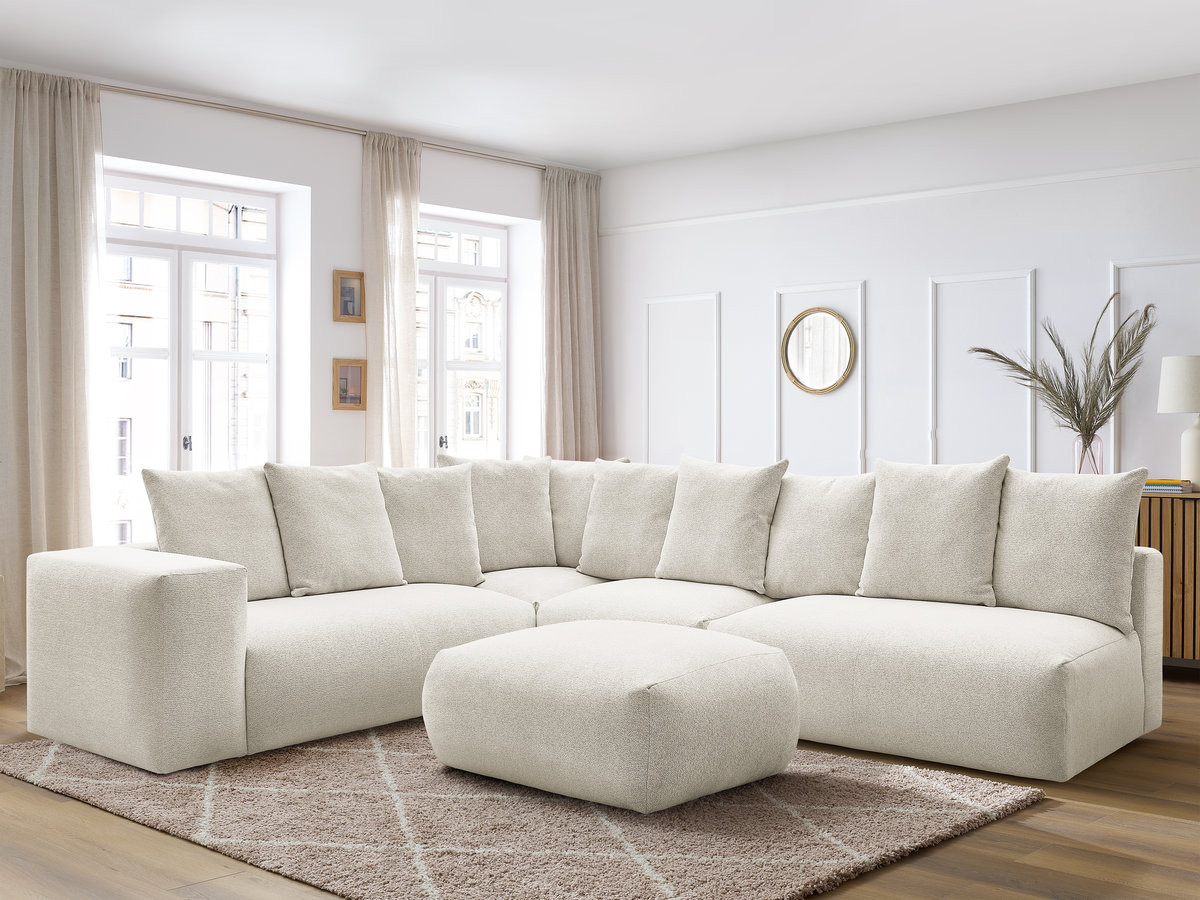 VOLTAIRE modulaire vaste hoekbank met 2 tweezitsfauteuils, 1 hoek- en 1 enkele fauteuil in gemêleerde stof met voetenbank
