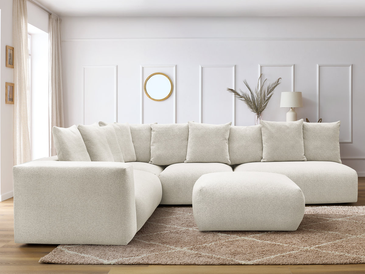 VOLTAIRE modulaire vaste hoekbank met 2 tweezitsfauteuils, 1 hoek- en 1 enkele fauteuil in gemêleerde stof met voetenbank