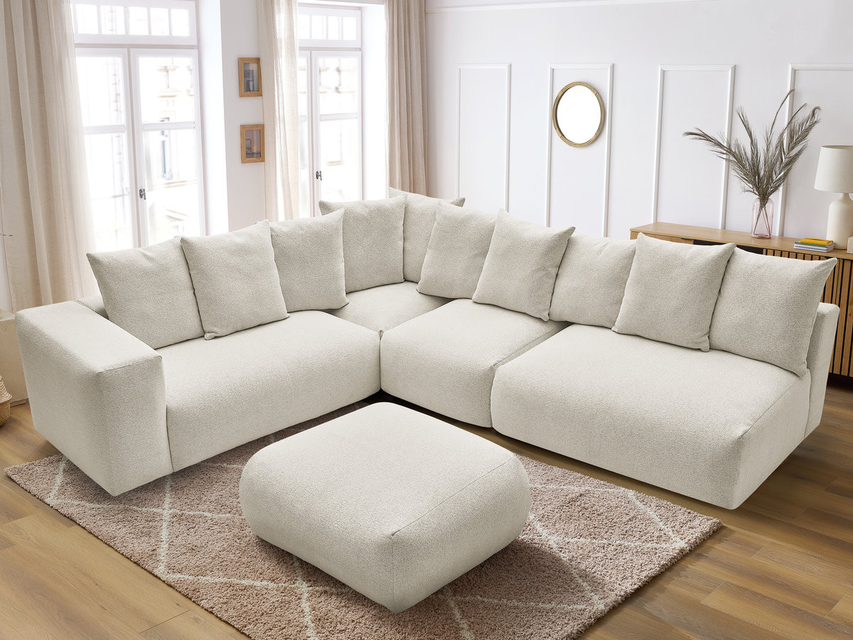 VOLTAIRE modulaire vaste hoekbank met 2 tweezitsfauteuils, 1 hoek- en 1 enkele fauteuil in gemêleerde stof met voetenbank