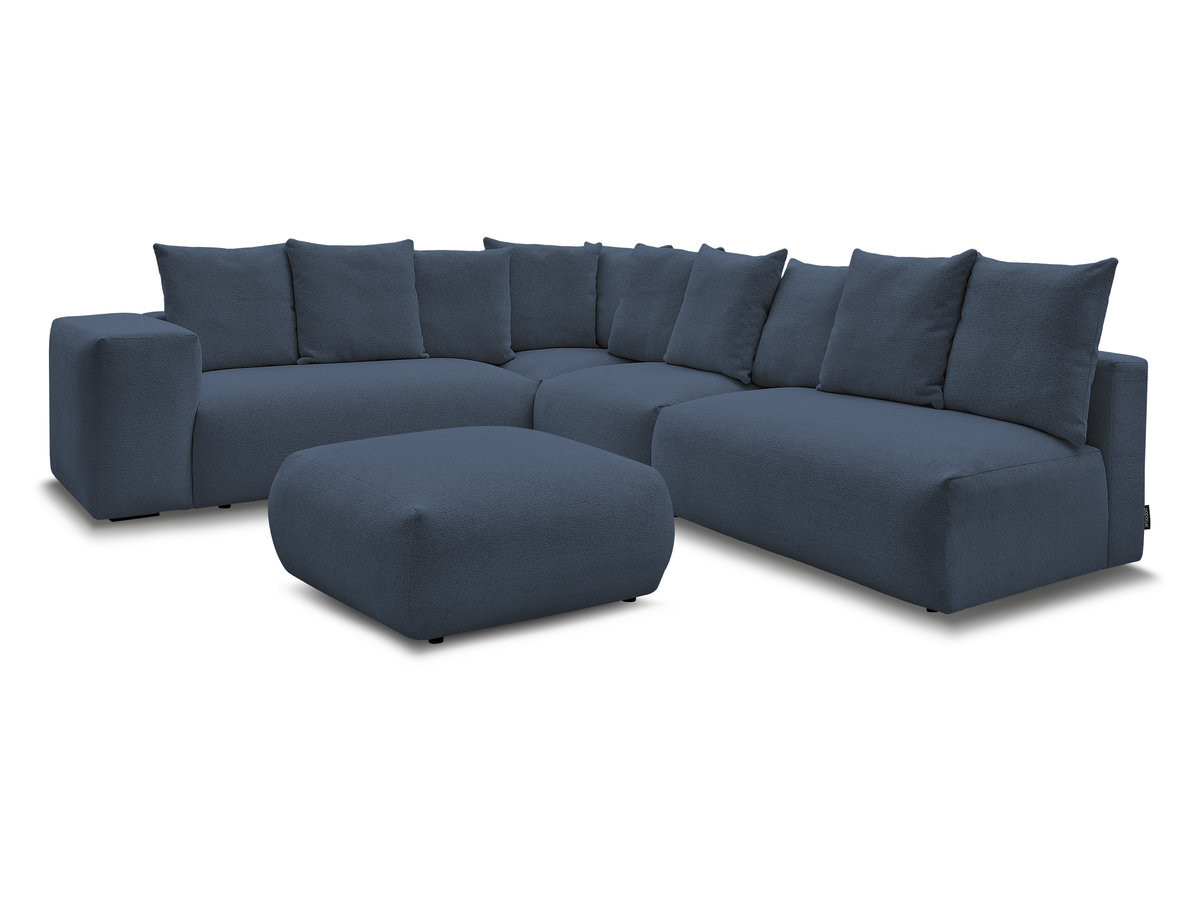 voltaire modulaire vaste hoekbank met 2 tweezitsfauteuils, 1 hoek- en 1 enkele fauteuil in gemêleerde stof met voetenbank gekleurd donkerblauw