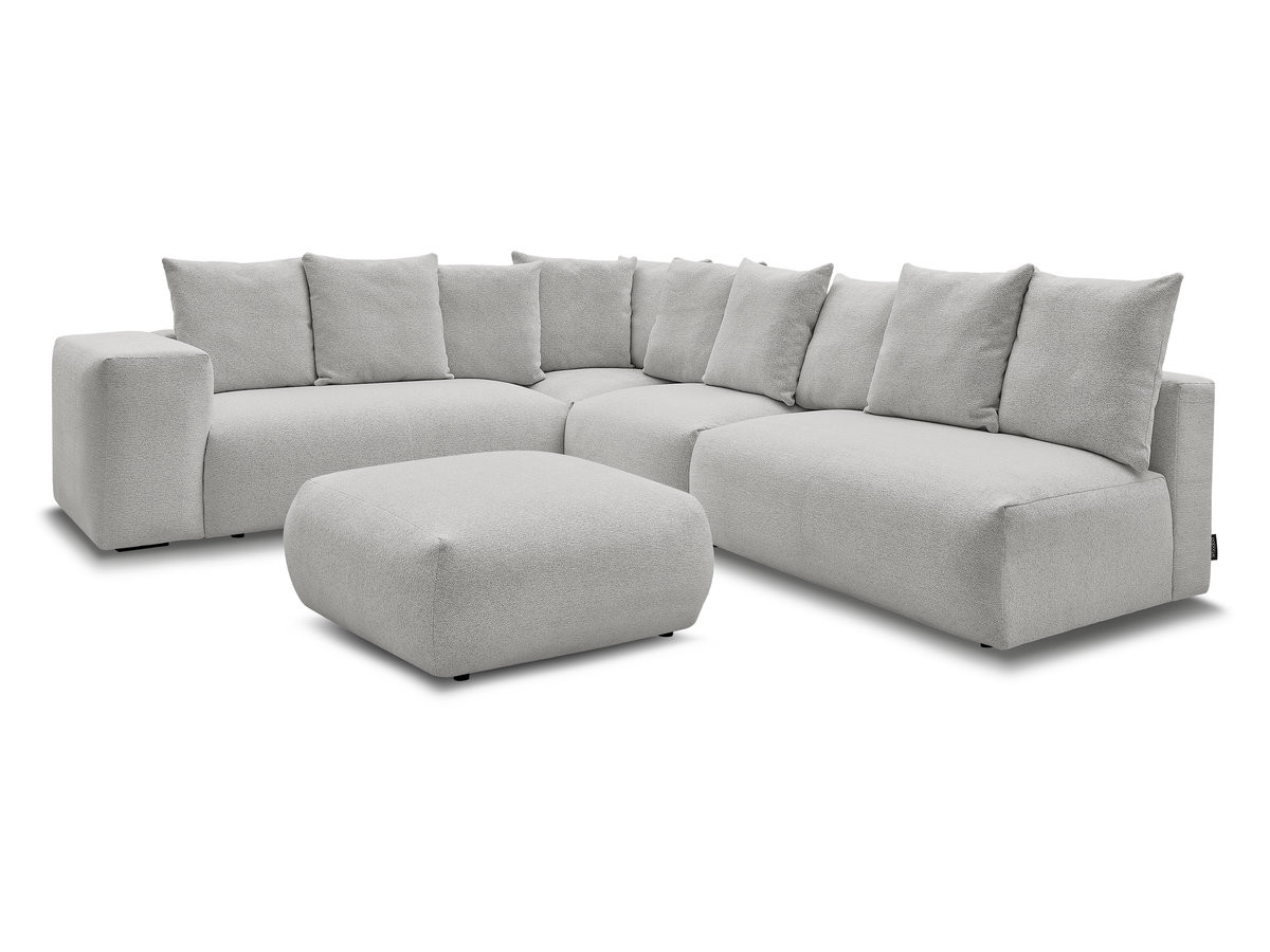 voltaire modulaire vaste hoekbank met 2 tweezitsfauteuils, 1 hoek- en 1 enkele fauteuil in gemêleerde stof met voetenbank gekleurd lichtgrijs