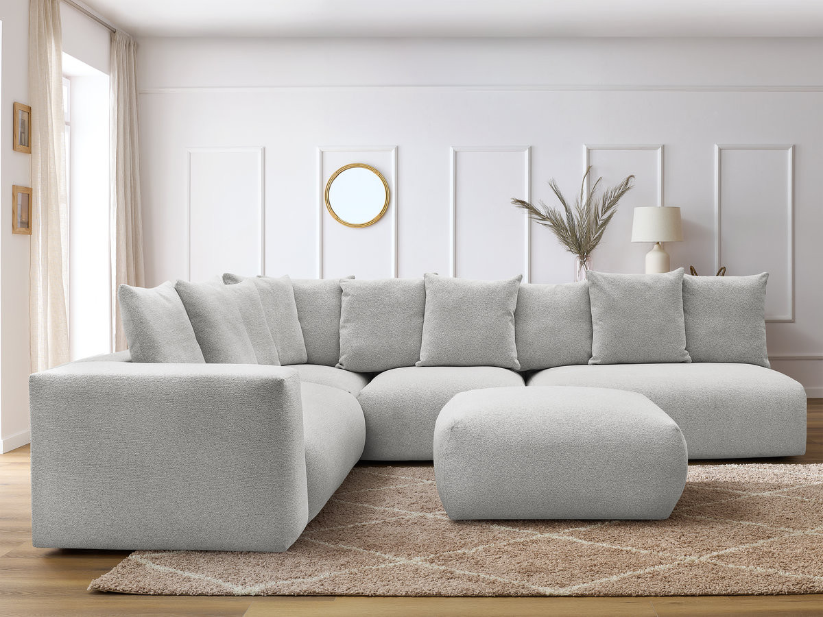 VOLTAIRE modulaire vaste hoekbank met 2 tweezitsfauteuils, 1 hoek- en 1 enkele fauteuil in gemêleerde stof met voetenbank