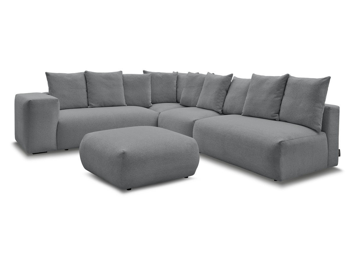voltaire modulaire vaste hoekbank met 2 tweezitsfauteuils, 1 hoek- en 1 enkele fauteuil in gemêleerde stof met voetenbank gekleurd donkergrijs