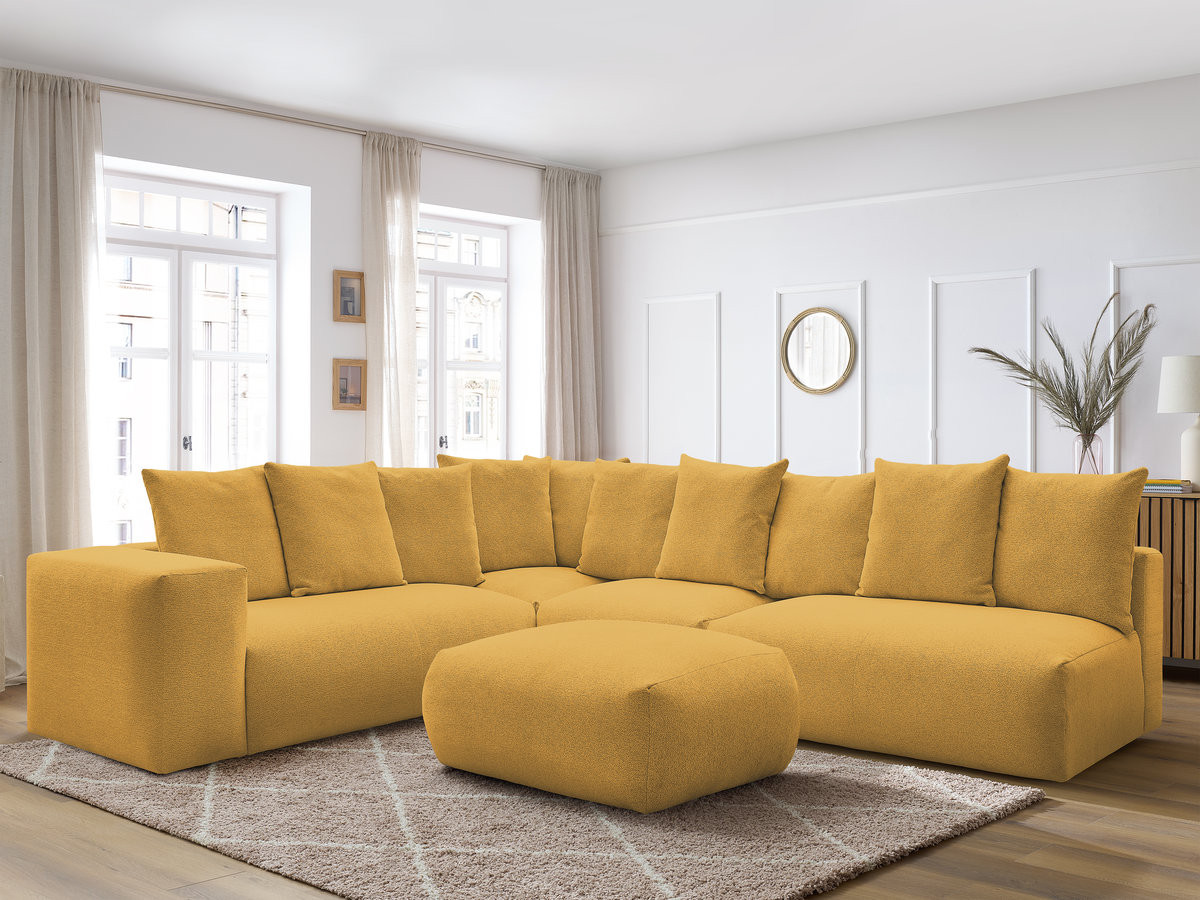 VOLTAIRE modulaire vaste hoekbank met 2 tweezitsfauteuils, 1 hoek- en 1 enkele fauteuil in gemêleerde stof met voetenbank