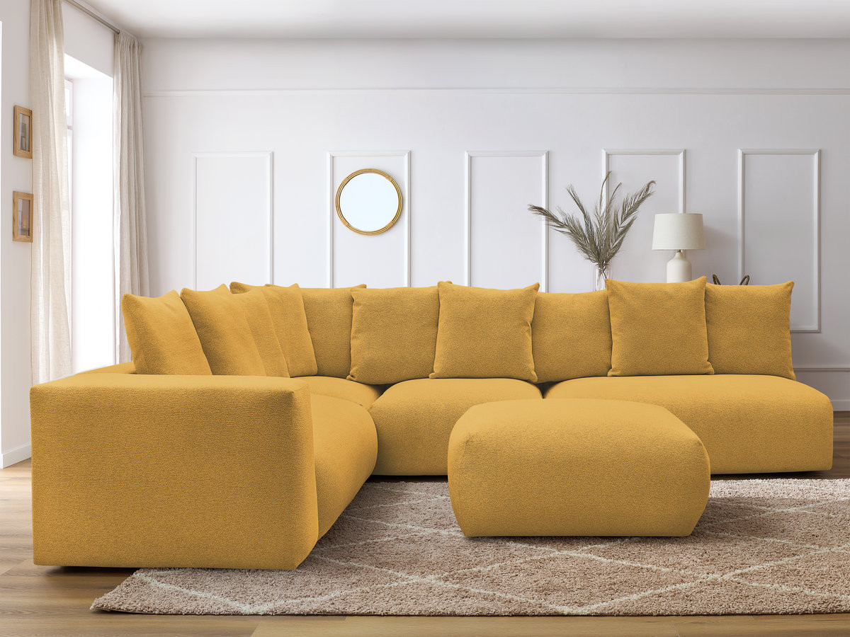 VOLTAIRE modulaire vaste hoekbank met 2 tweezitsfauteuils, 1 hoek- en 1 enkele fauteuil in gemêleerde stof met voetenbank