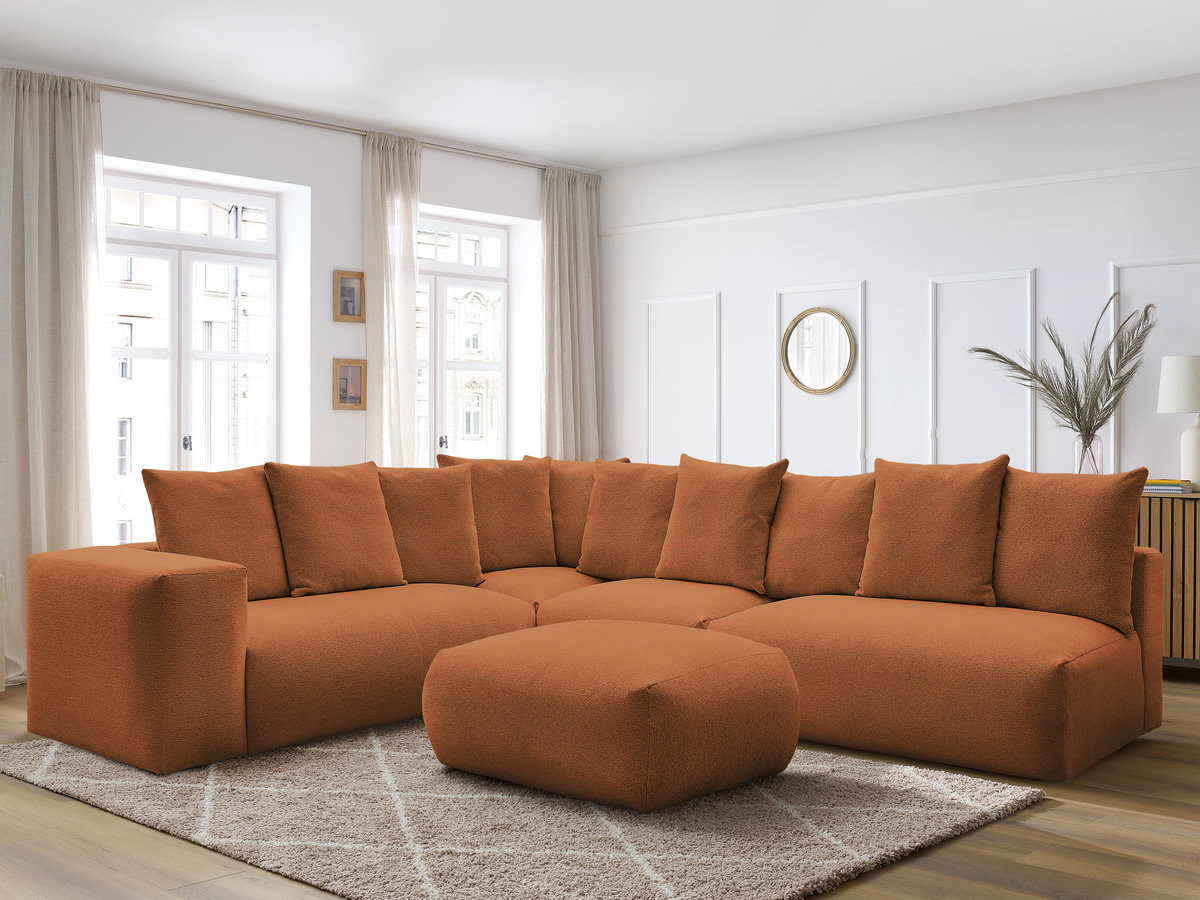 VOLTAIRE modulaire vaste hoekbank met 2 tweezitsfauteuils, 1 hoek- en 1 enkele fauteuil in gemêleerde stof met voetenbank