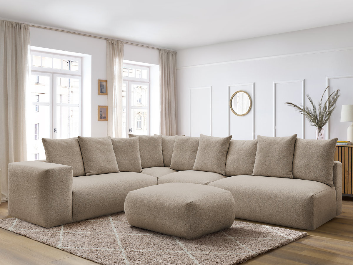 VOLTAIRE modulaire vaste hoekbank met 2 tweezitsfauteuils, 1 hoek- en 1 enkele fauteuil in gemêleerde stof met voetenbank